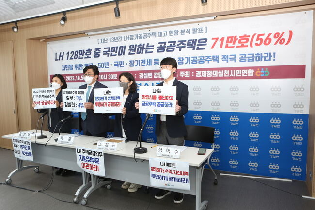 경실련은 5일 오전 &lsquo;지난 13년간 LH 장기공공주택 재고 현황 분석결과&rsquo; 기자회견을 열고, LH가 보유한 공공주택 128만호 가운데 국민이 원하는 공공주택은 약 56%(71만호)에 불과하다는 주장을 제기했다. 기자회견 참가자들이 'LH는 땅장사를 중단하고 공공주택 공급하라' 등의 구호가 적힌 피켓을 들고 있다.&nbsp;