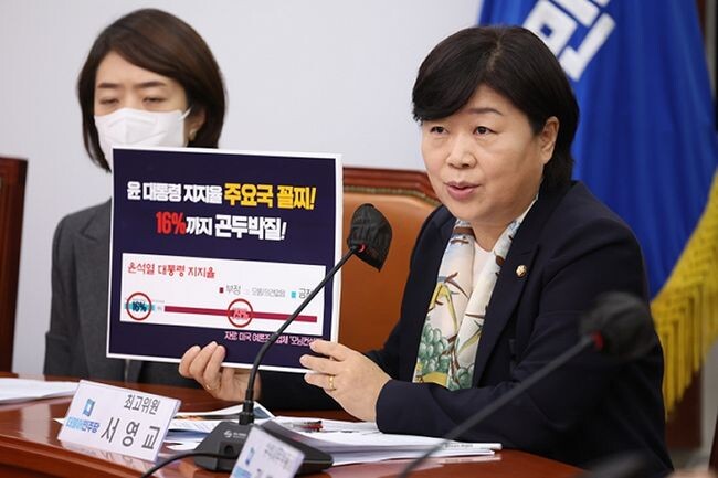 서영교 최고위원은 &ldquo;(윤 대통령이) 순방을 다녀왔는데, 순방의 성과가 없다&quot;고 주장했다.&nbsp;