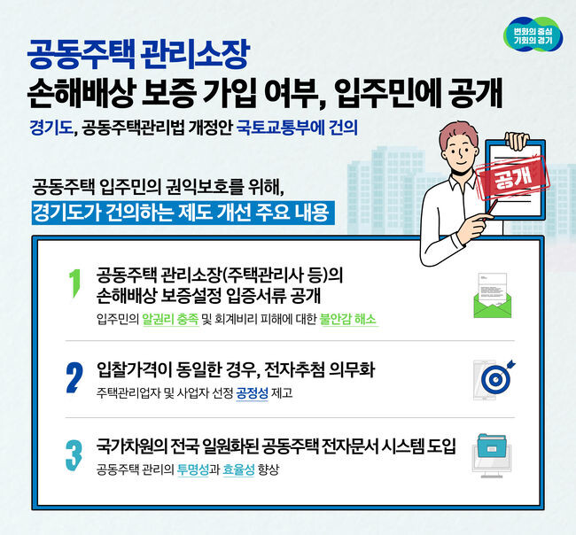 공동주택 관리비 횡령 등 사고 발생 시 피해를 최소화하는 법적 안전장치인 손해배상 보증제도를 개선하기 위해 관리사무소장으로 배치된 주택관리사의 보증보험 등 가입 여부를 입주자 등에게 공개하는 방안을 추진한다.