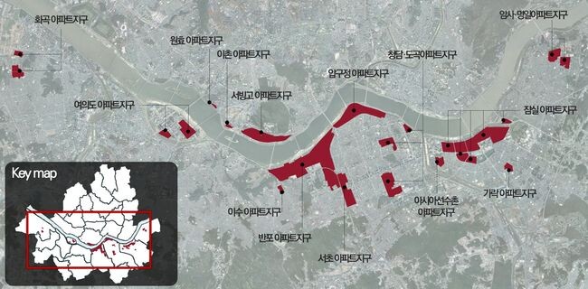 서울시는 지난해 ‘아파트지구 지구단위계획 전환지침’을 마련한 이후 변경된 정책 등을 반영하여 용적률, 높이, 용도 등을 유연하게 적용토록 지침을 개선했다고 9일 밝혔다. 서울 시내 아파트지구 현황(그래픽=서울시청 제공)&nbsp;