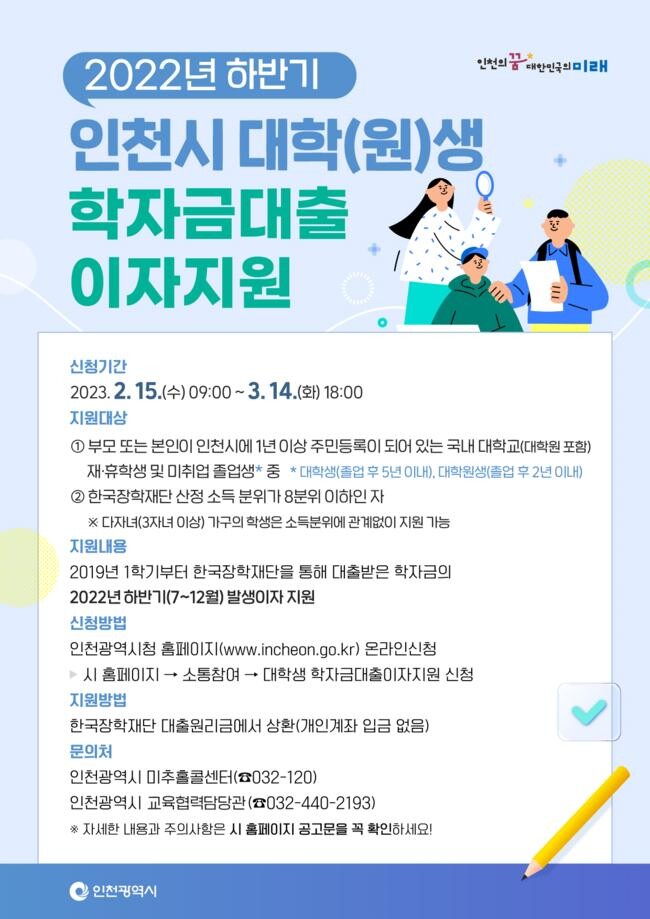인천, 대학(원)생 학자금대출 이자지원 확대&nbsp;