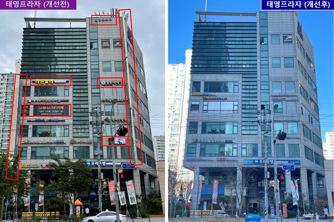 2022년도 사업 대상지로 선정된 태영프라자 건물 개선 전&middot;후 모습(사진=구로구청 제공)