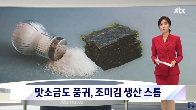 JTBC 뉴스룸의 19일 '"맛소금 공급 안 돼 조미김 못 만들고 있다"…'소금 품귀' 불똥'이라는 보도 화면