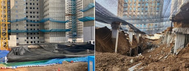 인천 검단 아파트 건설현장의 지하주차장 붕괴사고 현장 외부 모습(왼쪽), 내부 모습(오른쪽)