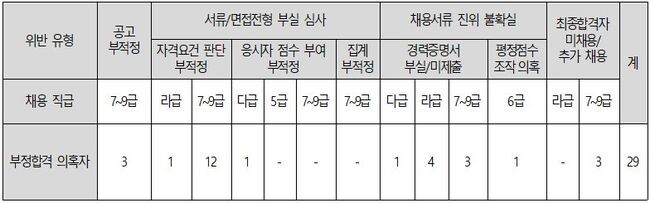 채용단계별 합격자 부당결정 부정합격 의혹자 발생 유형