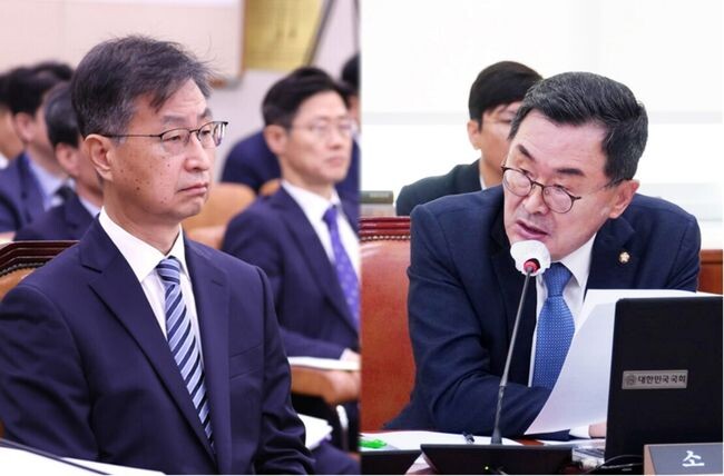 감사원 국정감사에서 질의및 답변하고 있는 소병철 의원(오른쪽)과 최재해 감사원장(왼쪽)