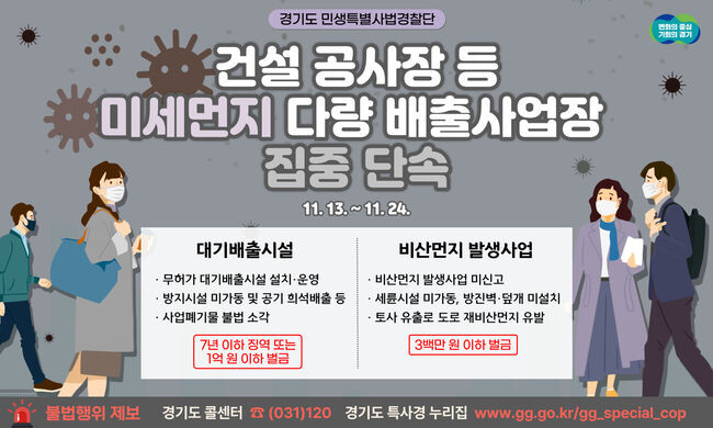경기도 민생특별사법경찰단이 오는 13일부터 24일까지 도내 미세먼지 배출사업장의 불법행위를 집중 단속한다고 밝혔다.