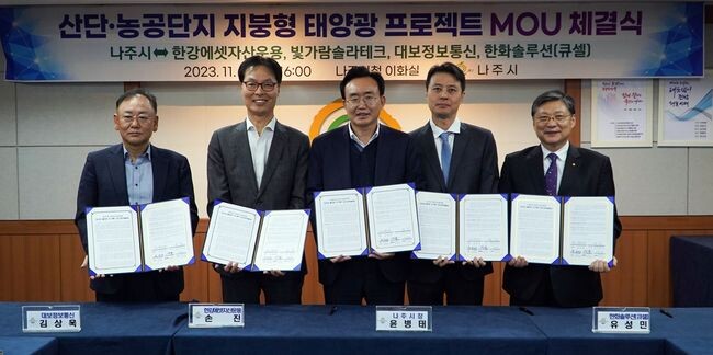 윤병태 나주시장(가운데)이 협약 업체 대표, 관계자들과 기념촬영을 하고 있다.