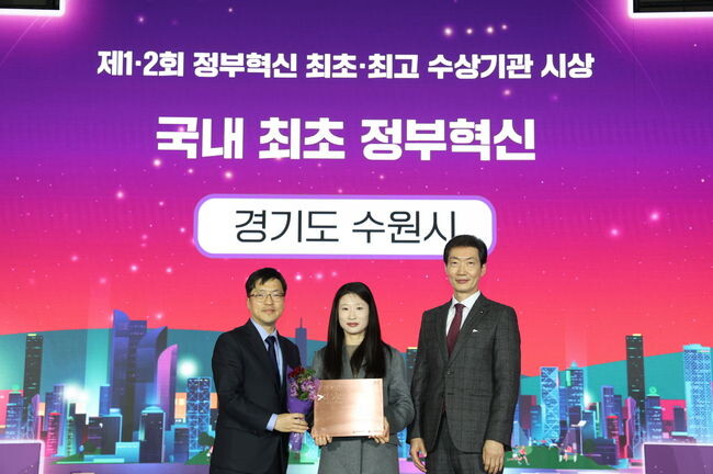 지난 24일 부산 벡스코에서 열린 제1·2회 정부혁신 최초·최고 수상기관 시상식에서 수원시 관계자가 수상하고 있다. 