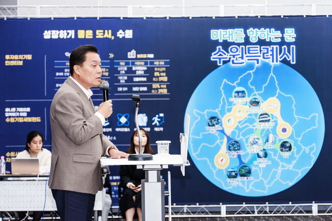 이재준 수원특례시장이 창업생태계활성화포럼에서 수원시의 비전과 지원방안을 설명하고 있다.