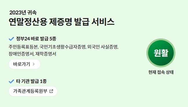 행정안전부는 2023년 귀속 연말정산 서비스 일정에 맞춰 1월15일부터 2월2일까지 ‘연말정산용 제증명 발급서비스’ 전용창구를 정부24 누리집에서 제공한다고 밝혔다.