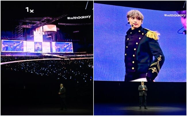 갤럭시 S24 울트라로 촬영한 인기 K-pop 그룹 Tomorrow By Together(TXT)의 콘서트 무대 모습. 갤럭시 S24 울트라는 새로운 5배 광학 렌즈와 5000만 화소로 어두운 환경에, 멀리 떨어져 있어도 고품질의 동영상과 사진을 찍을 수 있다.