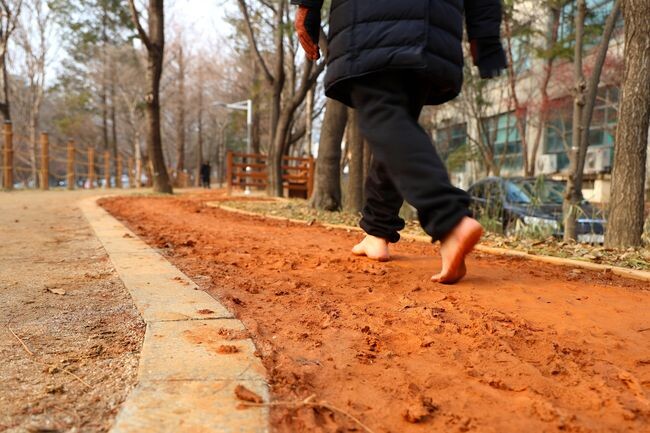 신발 아닌 맨발, 도심 속 힐링 황톳길 탄생 (지난해 조성한 수곡동 명품 황톳길)