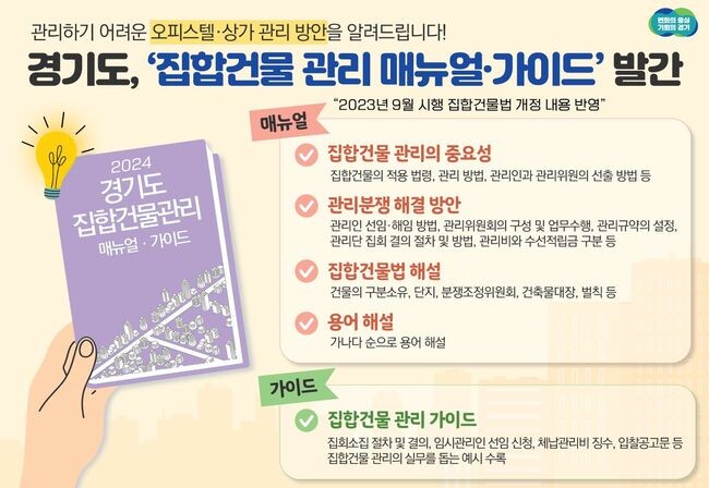 경기도는 오피스텔, 상가 등 집합건물 관리에 길잡이 역할을 하는 &lsquo;2024년 집합건물 관리 매뉴얼과 가이드&rsquo;를 발간했다고 31일 밝혔다.
