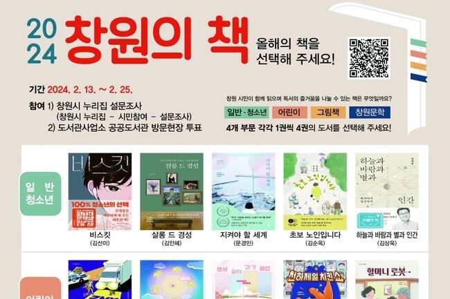 창원시도서관사업소는 2월 13일부터 2월 25일까지 '2024 창원의 책' 후보도서 20권에 대한 시민선호도 조사를 실시한다고 밝혔다.