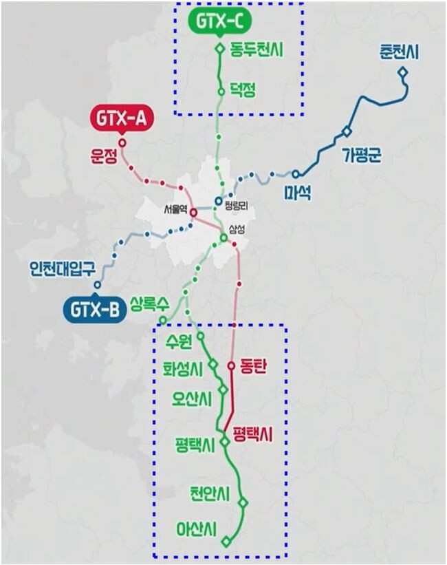 GTX A.C노선 연장 노선도(국토교통부 발표자료 일부 편집)