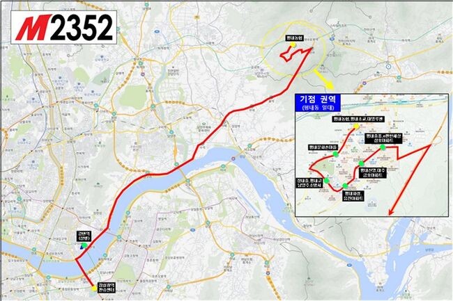 남양주시 M2352번 노선 운행도(평내동 ~ 잠실역)