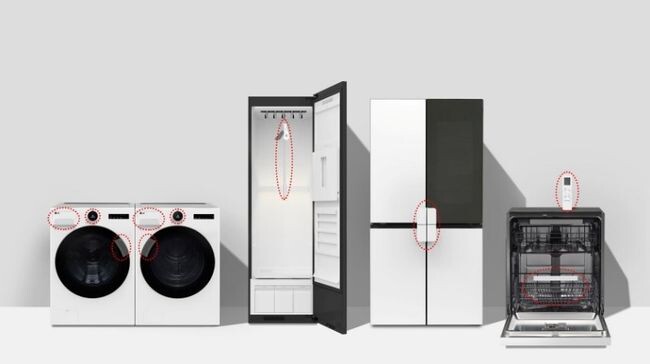 누구나 손쉽게 가전을 사용하도록 돕는 ‘LG 컴포트 키트(Comfort Kit)’를 이달 출시한다. LG 컴포트 키트는 성별이나 나이, 장애 유무와 상관 없이 모든 고객이 LG전자 생활가전을 손쉽게 사용하도록 유니버설 디자인으로 설계됐다. (사진 왼쪽부터) LG 컴포트 키트가 적용된 세탁기, 건조기, 스타일러, 냉장고, 식기세척기, 에어컨 리모컨(오른쪽 위). 