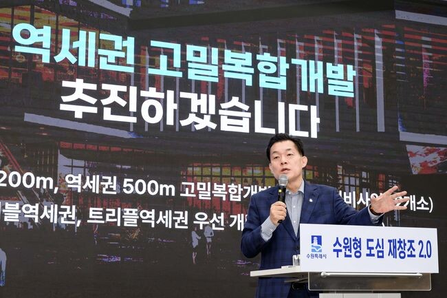 이재준 수원시장이 ‘수원형 도심 재창조 2.0 프로젝트’를 발표하고 있다. 
