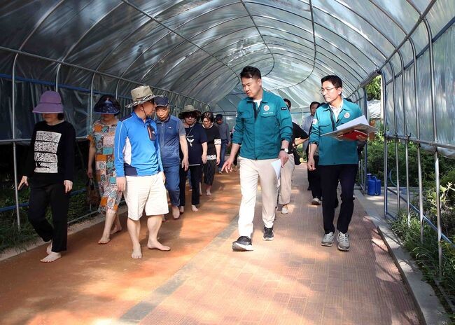 오언석 도봉구청장이 방학동 발바닥공원을 찾아 맨발길 운영에 대한 주민 의견을 수렴하고 있다(2024. 6. 4. 방학동 발바닥공원)(사진 가운데 오언석 도봉구청장)
