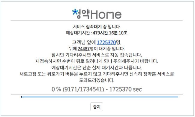 청약홈 접속지연 화면&nbsp;