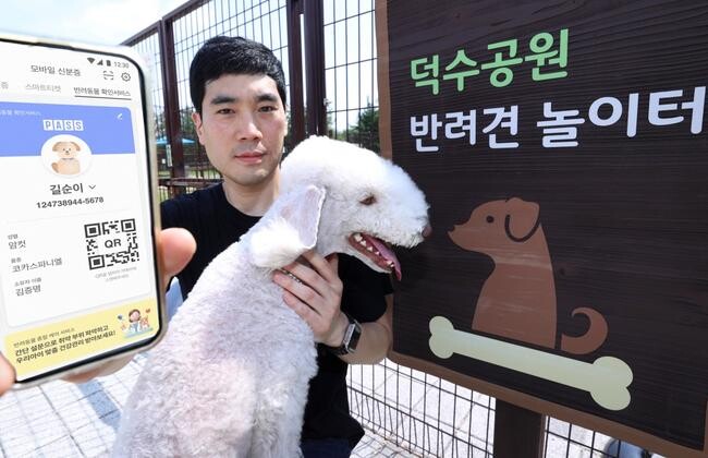 SK텔레콤, KT, LG유플러스는 PASS(패스)의 &lsquo;모바일운전면허 확인서비스&rsquo;가 도로교통법 개정에 따라 실물 운전면허증과 동일한 효력을 갖게 됐다고 밝혔다. 반려견 놀이터에서 PASS 반려동물 모바일 확인서비스 이용하는 모습&nbsp;