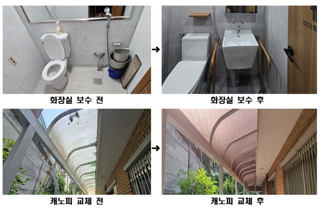 동작구는 &lsquo;송림경로당&rsquo;에 유니버설디자인을 적용해 시설개선 공사를 완료했다. 사진은 공사 전후 모습