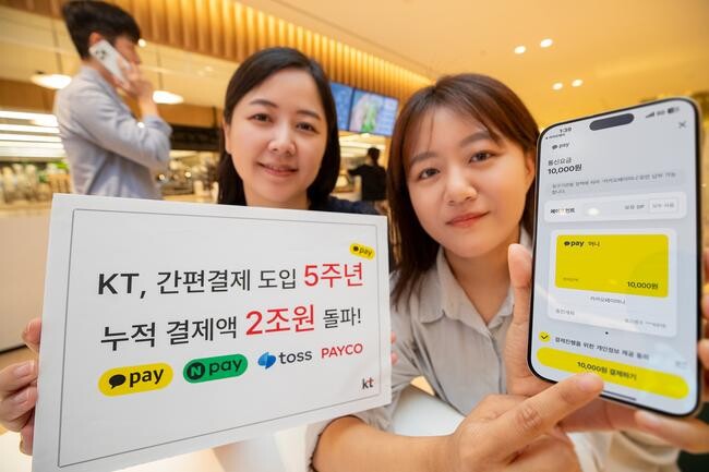  KT 직원들이 간편결제 도입 5주년 기념 이벤트를 소개하고 있는 모습 