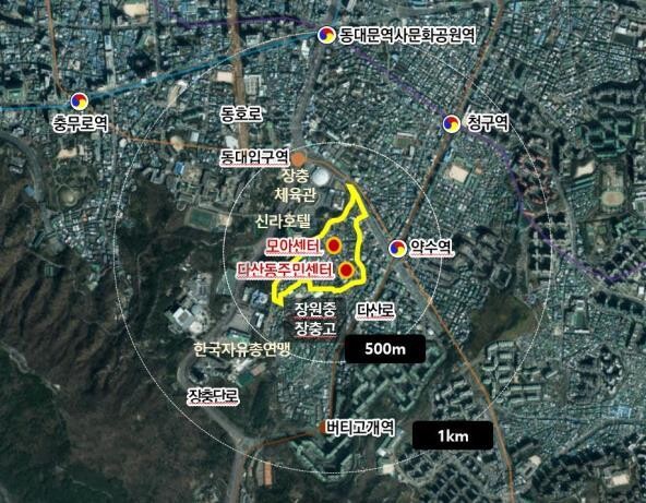 휴먼타운 2.0 후보지 위치(노란색 실선 내) 다산동&nbsp;