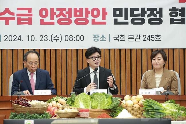 한동훈(가운데) 국민의힘 대표가 23일 오전 서울 여의도 국회에서 열린 김장재료 수급 안정방안 민당정 협의회에서 발언하고 있다.&nbsp;