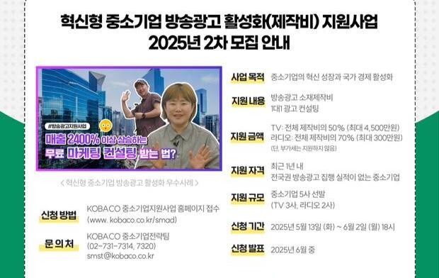 방송통신위원회와 한국방송광고진흥공사는 중소기업의 방송광고 제작을 지원하는 `2025년 중소기업 방송광고 지원사업` 2차 공개모집을 13일부터 시작한다고 12일 밝혔다.