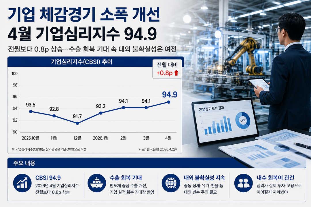 기업 체감경기 소폭 개선…4월 기업심리지수 94.9